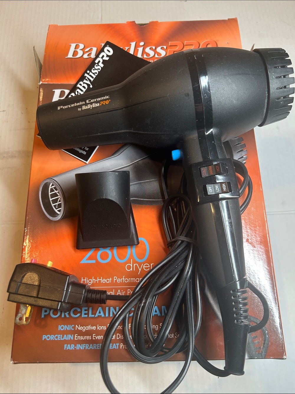 BaByliss 2800 Porcelain Ionic Black Hair Dryer Boxed
